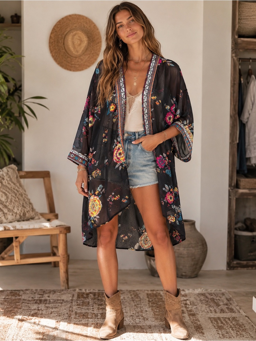 Xhilaration Black Floral Open-Front Kimono Size M/L